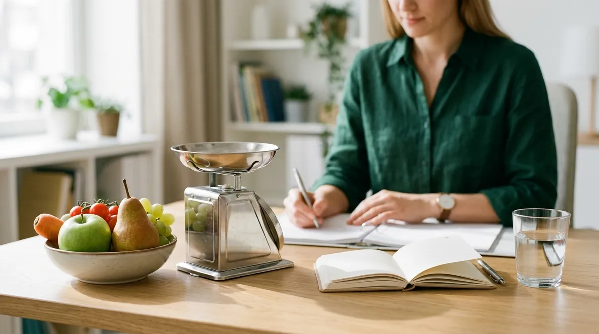 Bureau de diététicien avec aliments frais et carnet de suivi
